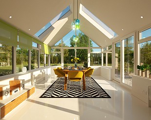 Conservatory with tiled roof and glass panels