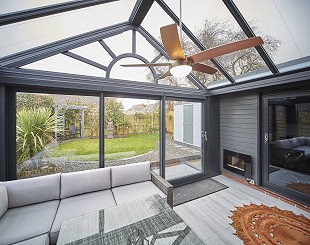 Grey conservatory with sliding doors