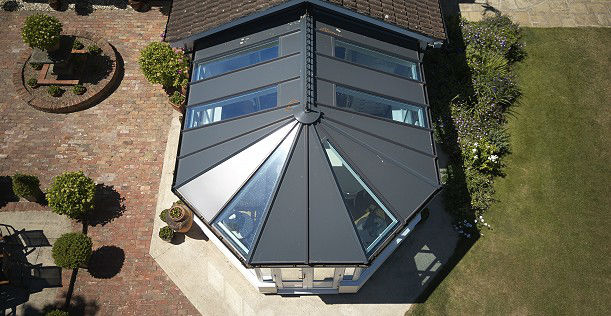 Aerial view of solid tiled roof on conservatory