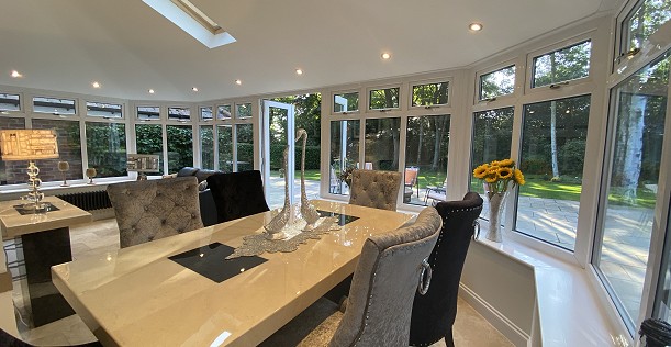 Inside conservatory with tiled roof